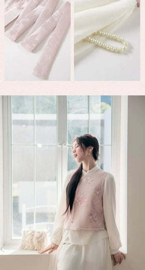 Silken Grace – Modern Hanfu Jacquard Dress Set | Stand-Collar Two-Piece Hanfu-Inspired Outfit with Midi Skirt - Yandan_Hanfu