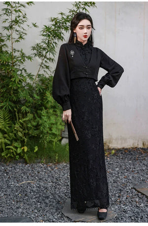 Silent Fragrance – Velvet Beaded Sleeveless Floor-Length Qipao with New Chinese Style Blazer - Yandan_Hanfu