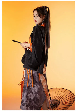 Black&Orange Modern Hanfu(Three Piece Set) - Yandan_Hanfu