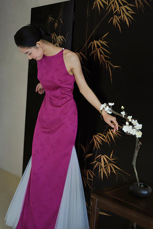 "Rose Hairpin" Dragon Fruit Color Piece Cheongsam Bridal Wedding Dress Engagement - Yandan_Hanfu