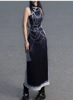 Black&white pearl knitted printed cheongsam new Chinese Y2K Spice Girl sleeveless cheongsam dress - Yandan_Hanfu