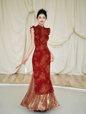 Lotus Step – Red Mermaid Qipao for Wedding, Engagement & Tea Ceremony - Yandan_Hanfu
