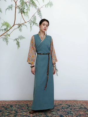 Qimeng – Tibetan-Inspired Women's Two-Piece Set | Cross-Collar Vintage Top & Long Skirt - Yandan_Hanfu