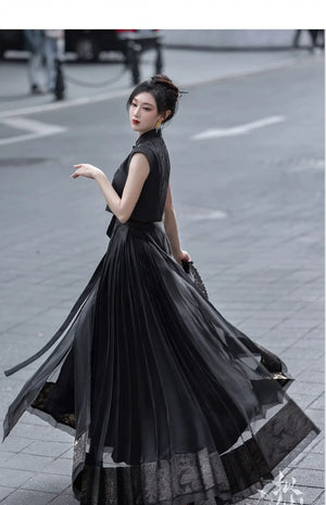 Oriental Grace – Hanfu-Inspired Set | Embroidered Bamboo Tassel Vest with Qipao Collar Top & Mamian Skirt - Yandan_Hanfu