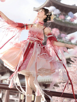Red Hanfu Dress New Chinese Feather Rust Waist Seal Suspender Skirt with extended sleeves and floral embroidery in traditional garden.