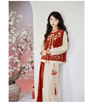 Sui’an – Winter Knit Set | Hanfu-Inspired Bijia Vest with Bow-Sleeve Top and Flowy Skirt - Yandan_Hanfu