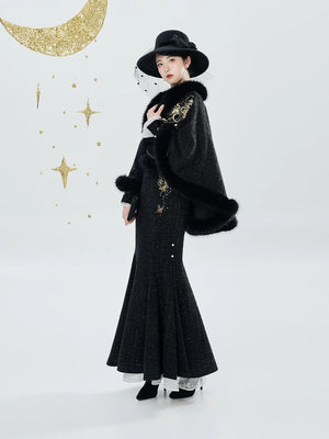Black fishtail qipao with gold-detail cape, side pose