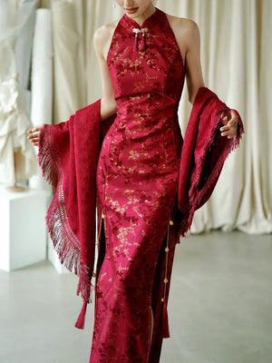 "Jubilee Bell" Red Cheongsam Shawl Bridal Toast Engagement Dress - Yandan_Hanfu