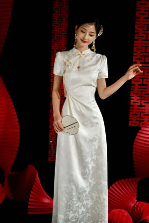 "Kite Butterfly" White Jacquard Cheongsam Bridal Toast Dress Engagement Dress - Yandan_Hanfu