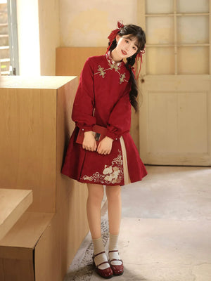 “Lucky Pony” – Red New-Year Hanfu Qipao Set | Modern Chinese Festive Outfit (Autumn/Winter) - Yandan_Hanfu