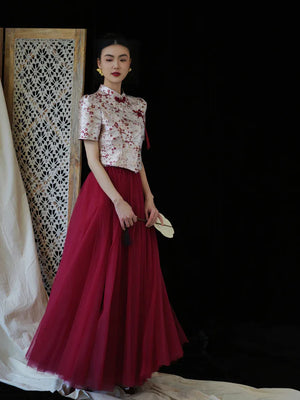 "Mei Xue Gauze Dress Set" Bridal Red Engagement Dress Cheongsam Xiuhe Dress - Yandan_Hanfu