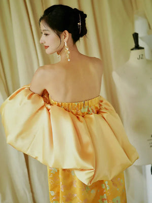 "Yunjing" yellow jacquard pregnant woman cheongsam bride toast dress - Yandan_Hanfu