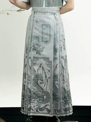 Unisex Modern Grey Hanfu Set – Cross-Collar Jacket with Brocade Ma Mian Skirt - Yandan_Hanfu