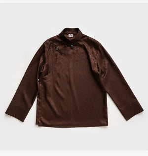 Contemporary Tibetan Shirt – Acetate Jacquard Stand Collar | Cultural Fusion Top - Yandan_Hanfu