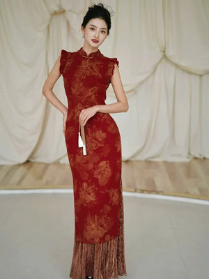 Lotus Step – Red Mermaid Qipao for Wedding, Engagement & Tea Ceremony - Yandan_Hanfu