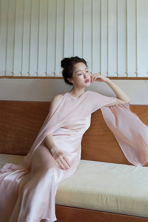 100% Acetate Mulberry Silk Modern Chinese Dress – Versatile Shawl Design, Off-Shoulder Summer Evening Gown - Yandan_Hanfu