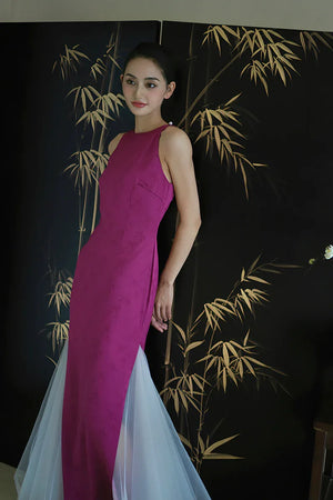 "Rose Hairpin" Dragon Fruit Color Piece Cheongsam Bridal Wedding Dress Engagement - Yandan_Hanfu