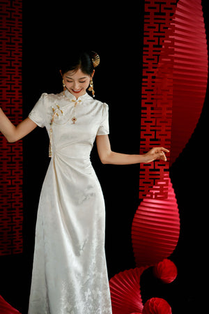 "Kite Butterfly" White Jacquard Cheongsam Bridal Toast Dress Engagement Dress
