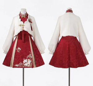 “Lucky Pony” – Red New-Year Hanfu Qipao Set | Modern Chinese Festive Outfit (Autumn/Winter) - Yandan_Hanfu