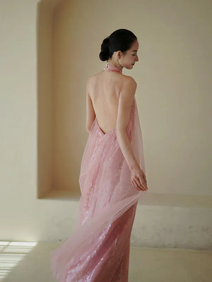 "Bella" pink sequined gauze halter dress bride - Yandan_Hanfu