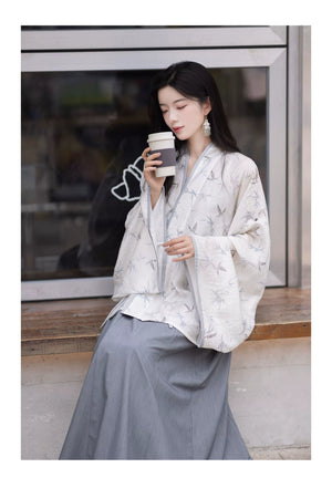 White Dew: Bamboo Shadows & Swallow Whispers – Jin-Style Hanfu Set | Tencel Pleated Robe with Rayon Camisole and Flowing Skirt - Yandan_Hanfu