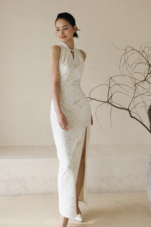 "Qianzhi" white embroidered shawl showing thin backless cheongsam bride wedding dress toast engagement - Yandan_Hanfu