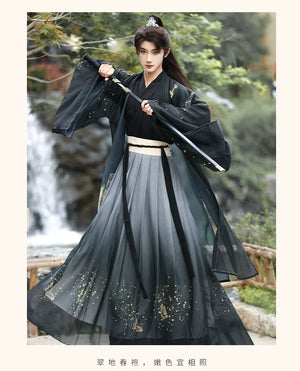 Golden Steps – Ink Bamboo & Butterfly Traditional Hanfu | Unisex Wei-Jin & Song Style Cross-Collar Wide-Sleeve Set - Yandan_Hanfu