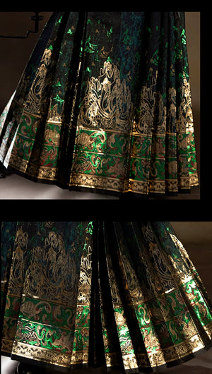 Gold-tone Four Divine Beasts woven motifs on the green skirt