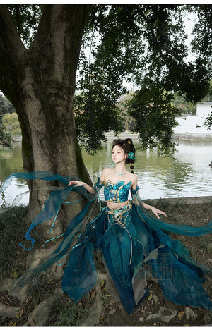 Fantasy-inspired Blue Hanfu dress with butterfly details and flowing sleeves, styled for cosplay or cultural costume events.