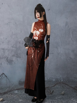 Scarlet Orchid – High-Slit Qipao Dress | Red Mandarin Collar New Chinese Style Slim Fit Gown - Yandan_Hanfu