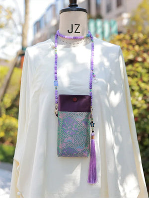 Floral Motif Bag | Color-Block Canvas Crossbody with Beaded Strap - Yandan_Hanfu
