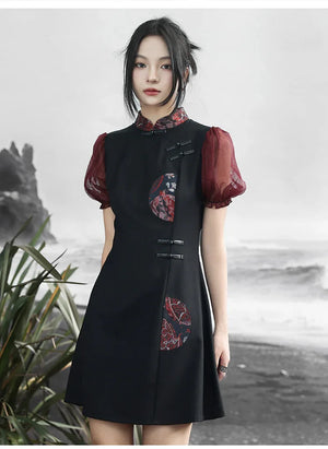 New Chinese style retro sweet and cool bubble sleeve jacquard contrasting color splicing skirt - Yandan_Hanfu