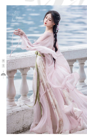 Pink Chinese style Han element dress big pendulum fish tail tattered sleeve fairy energy spring and summer suit - Yandan_Hanfu