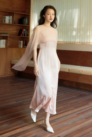 100% Acetate Mulberry Silk Modern Chinese Dress – Versatile Shawl Design, Off-Shoulder Summer Evening Gown - Yandan_Hanfu