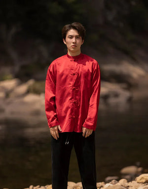 Bamboo leaf print disc buckle Tang suit men's retro Chinese style shirt - Yandan_Hanfu