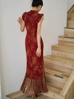 Lotus Step – Red Mermaid Qipao for Wedding, Engagement & Tea Ceremony - Yandan_Hanfu