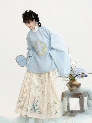 “Moonlit Blossom” Ming-Style Hanfu for Women – Embroidered Round-Collar Top & Mamian Skirt, Autumn/Winter - Yandan_Hanfu