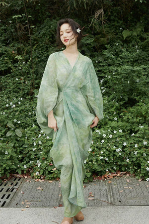 100% Ramie Modern Chinese Dress – Green Tie-Dye Print with Loose Silhouette & Camisole Layer - Yandan_Hanfu