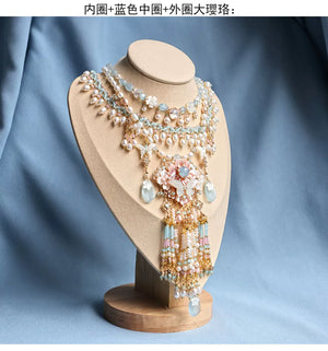 Butterfly Shell & Aquamarine Pearl Necklace – Hanfu Yingluo Accessory with Original Design - Yandan_Hanfu