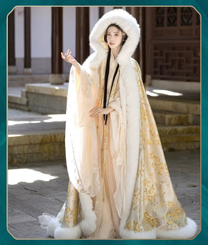 Gold Winter Fur Cape – Hanfu Cloak for Women | Thick, Warm & Elegant Festive Outerwear - Yandan_Hanfu