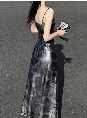 Glossy gray and silver new Chinese atmosphere Spice girl suspender dress Hot silver temperament long dress women - Yandan_Hanfu