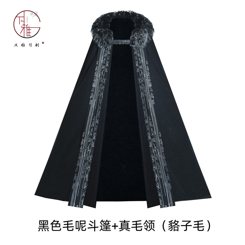 Woolen cloak calligraphy woven silver and black fur collar handsome national trendy man