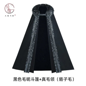 Woolen cloak calligraphy woven silver and black fur collar handsome national trendy man - Yandan_Hanfu