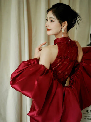 "Jubilee Bell" Red Cheongsam Shawl Bridal Toast Engagement Dress - Yandan_Hanfu