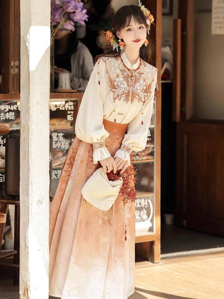 Elegant Maple Leaf Hanfu set featuring embroidered cloud shoulder top and flowing three-pleated skirt, ideal for spring daily wear.