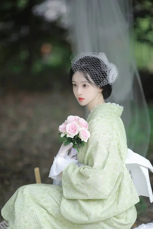 High-end lace Taisho Roman style modified kimono retro dress avocado green - Yandan_Hanfu
