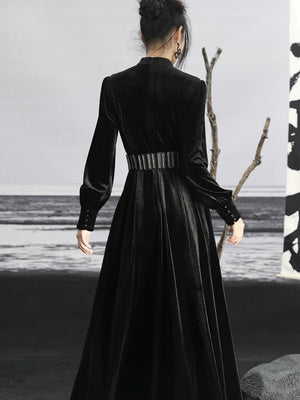 New Chinese Style | Black Lace Dress Women's Stand-up Collar Waist Slimming Long Skirt - Yandan_Hanfu