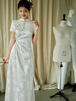 "Kite Butterfly" White Jacquard Cheongsam Bridal Toast Dress Engagement Dress - Yandan_Hanfu