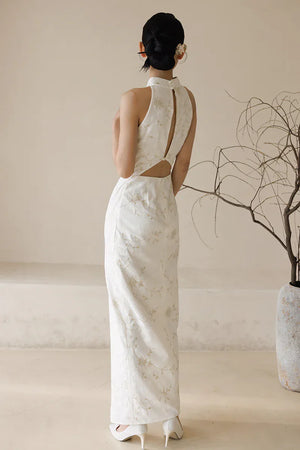 "Qianzhi" white embroidered shawl showing thin backless cheongsam bride wedding dress toast engagement - Yandan_Hanfu
