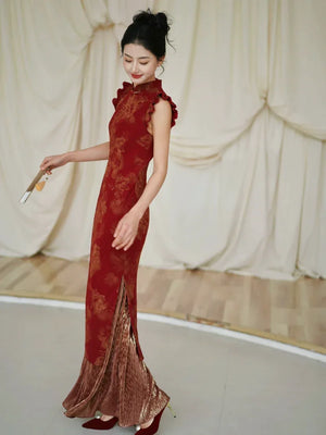 Lotus Step – Red Mermaid Qipao for Wedding, Engagement & Tea Ceremony - Yandan_Hanfu